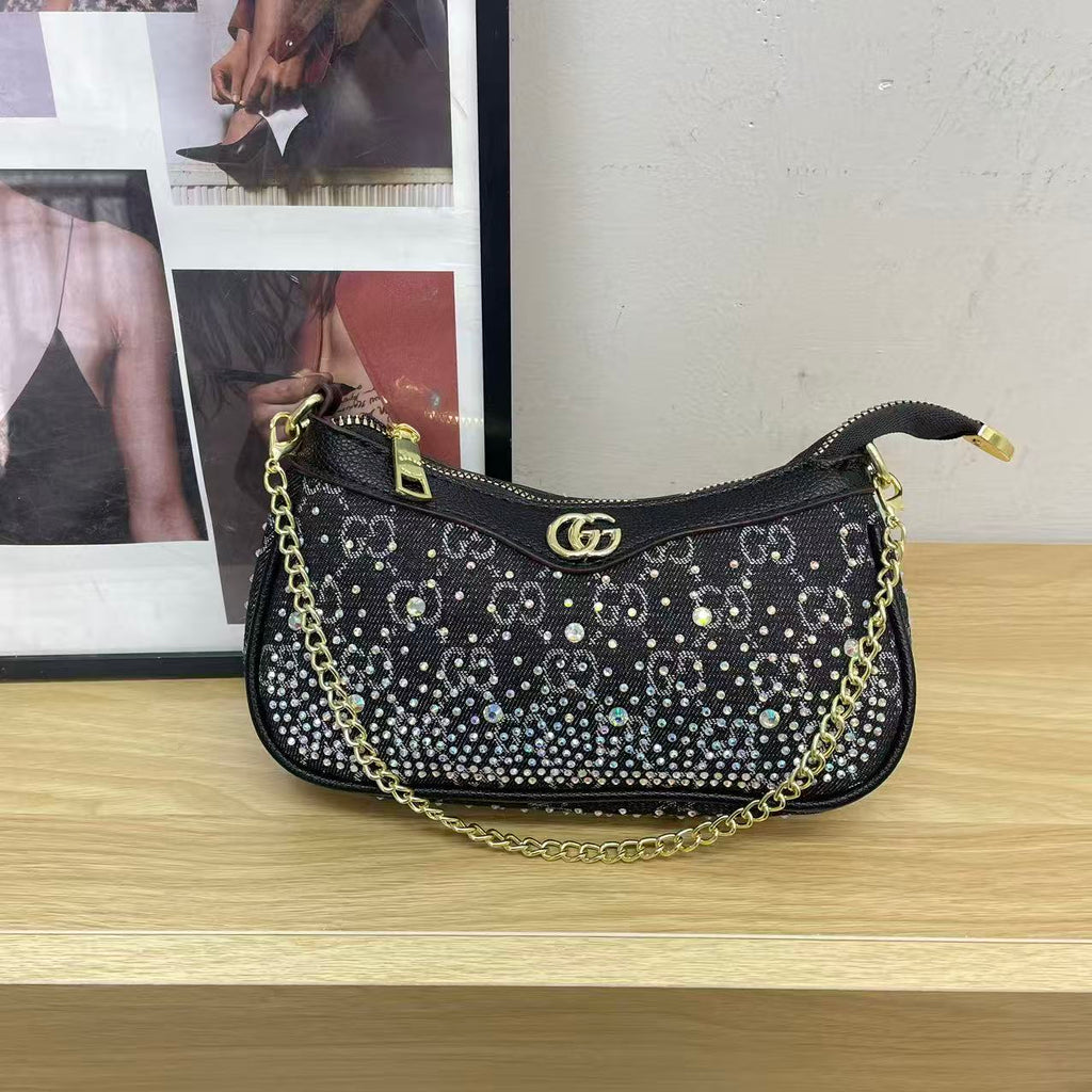 Versatile Rhinestone-Embellished Vintage-Print Underarm Bag 1026070301