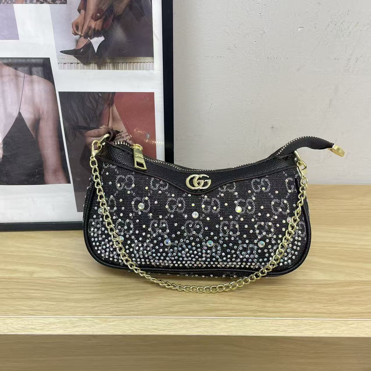 Versatile Rhinestone-Embellished Vintage-Print Underarm Bag 1026070301