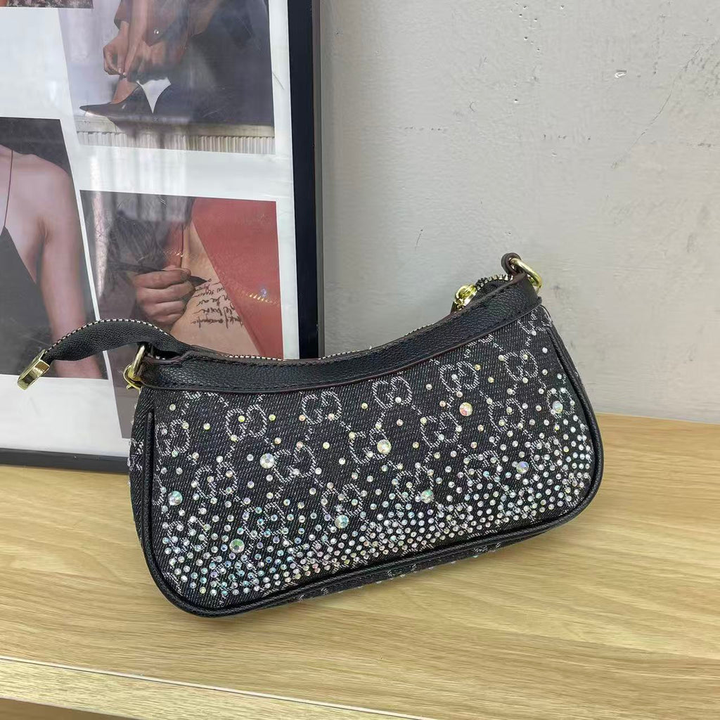 Versatile Rhinestone-Embellished Vintage-Print Underarm Bag 1026070301