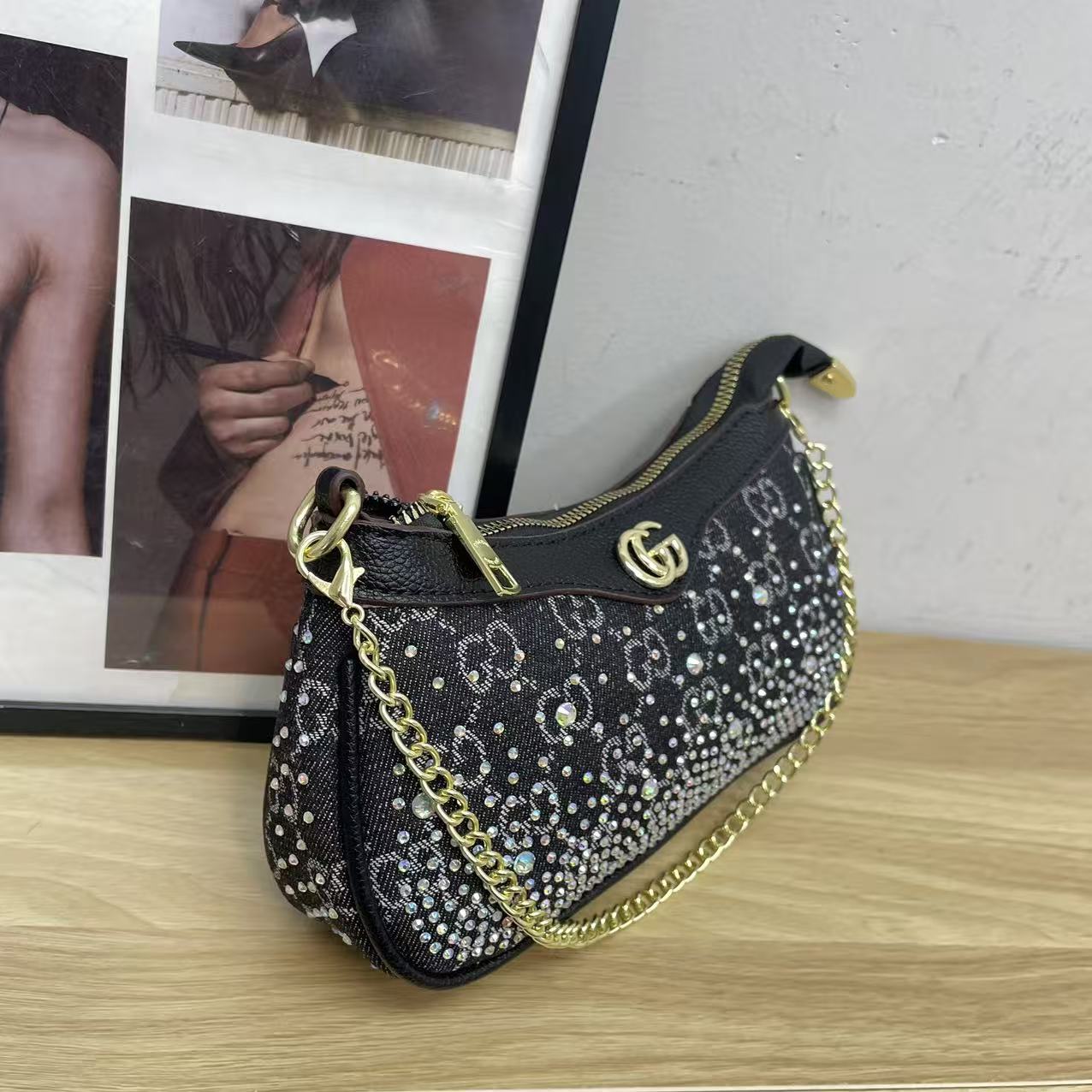 Versatile Rhinestone-Embellished Vintage-Print Underarm Bag 1026070301