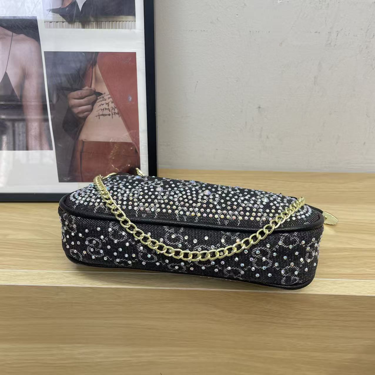 Versatile Rhinestone-Embellished Vintage-Print Underarm Bag 1026070301