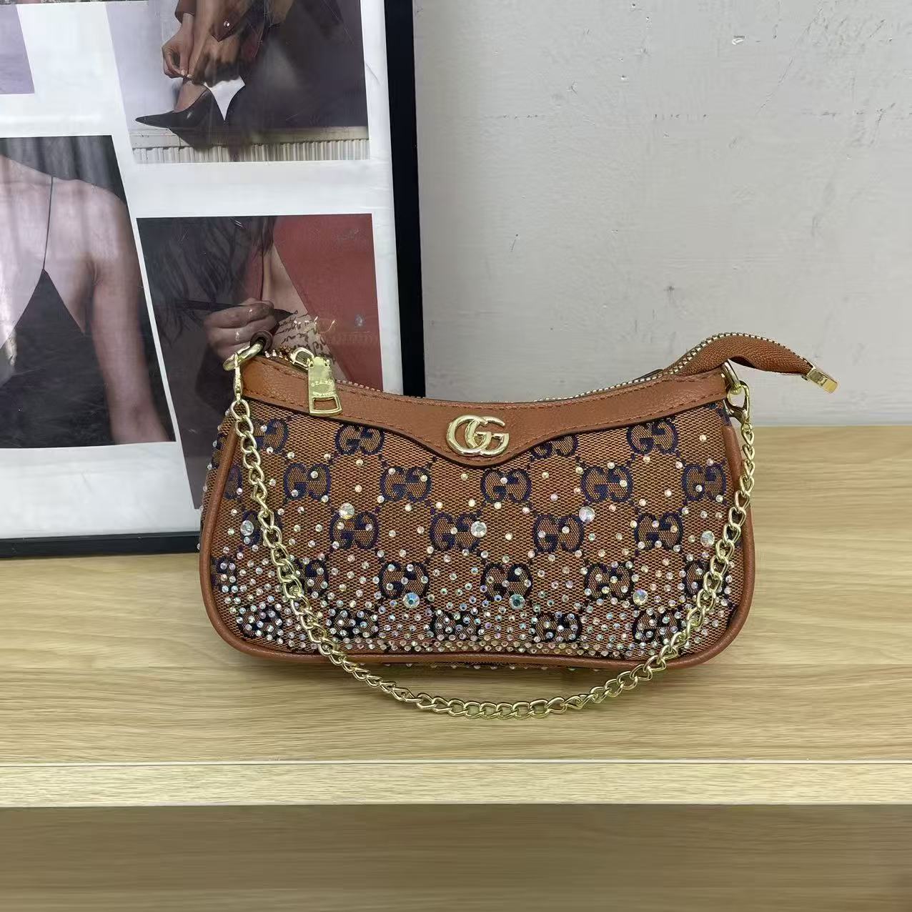 Versatile Rhinestone-Embellished Vintage-Print Underarm Bag 1026070301