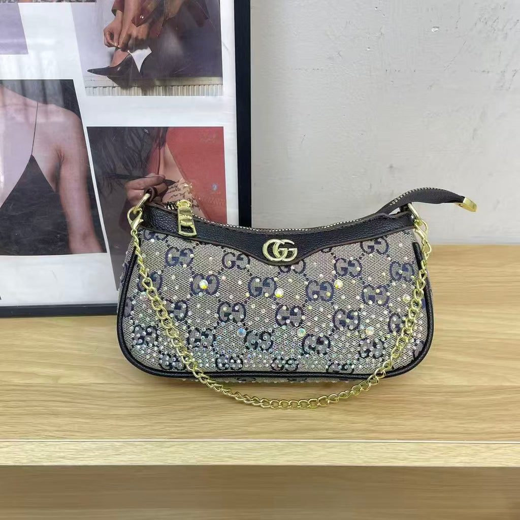Versatile Rhinestone-Embellished Vintage-Print Underarm Bag 1026070301