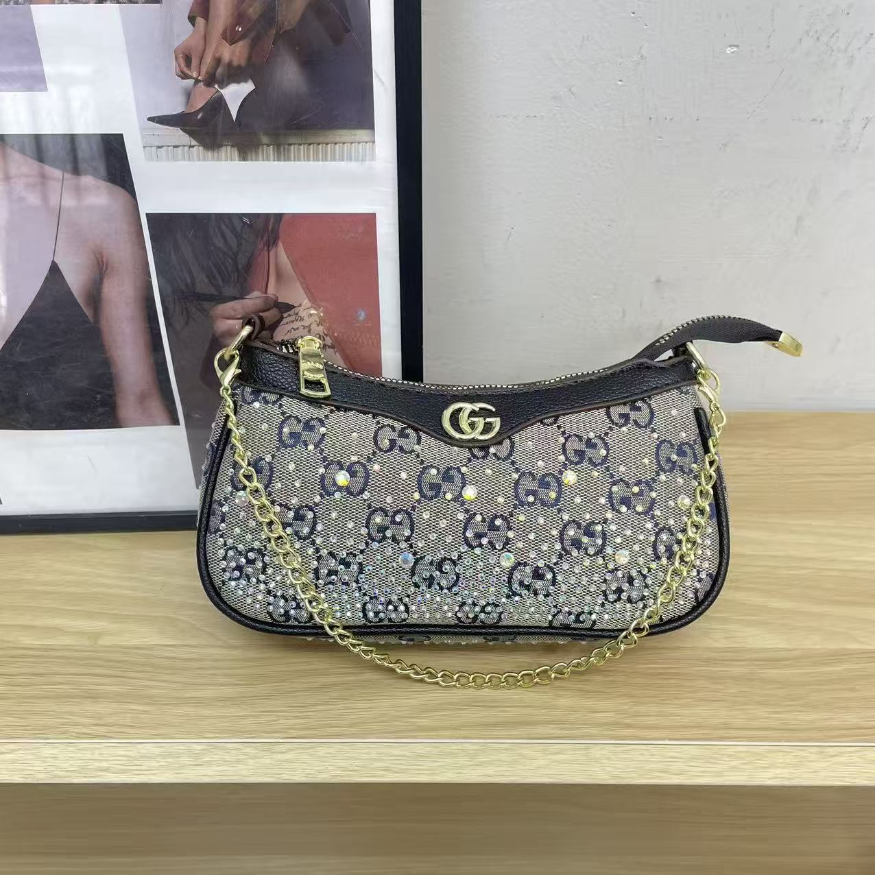 Versatile Rhinestone-Embellished Vintage-Print Underarm Bag 1026070301