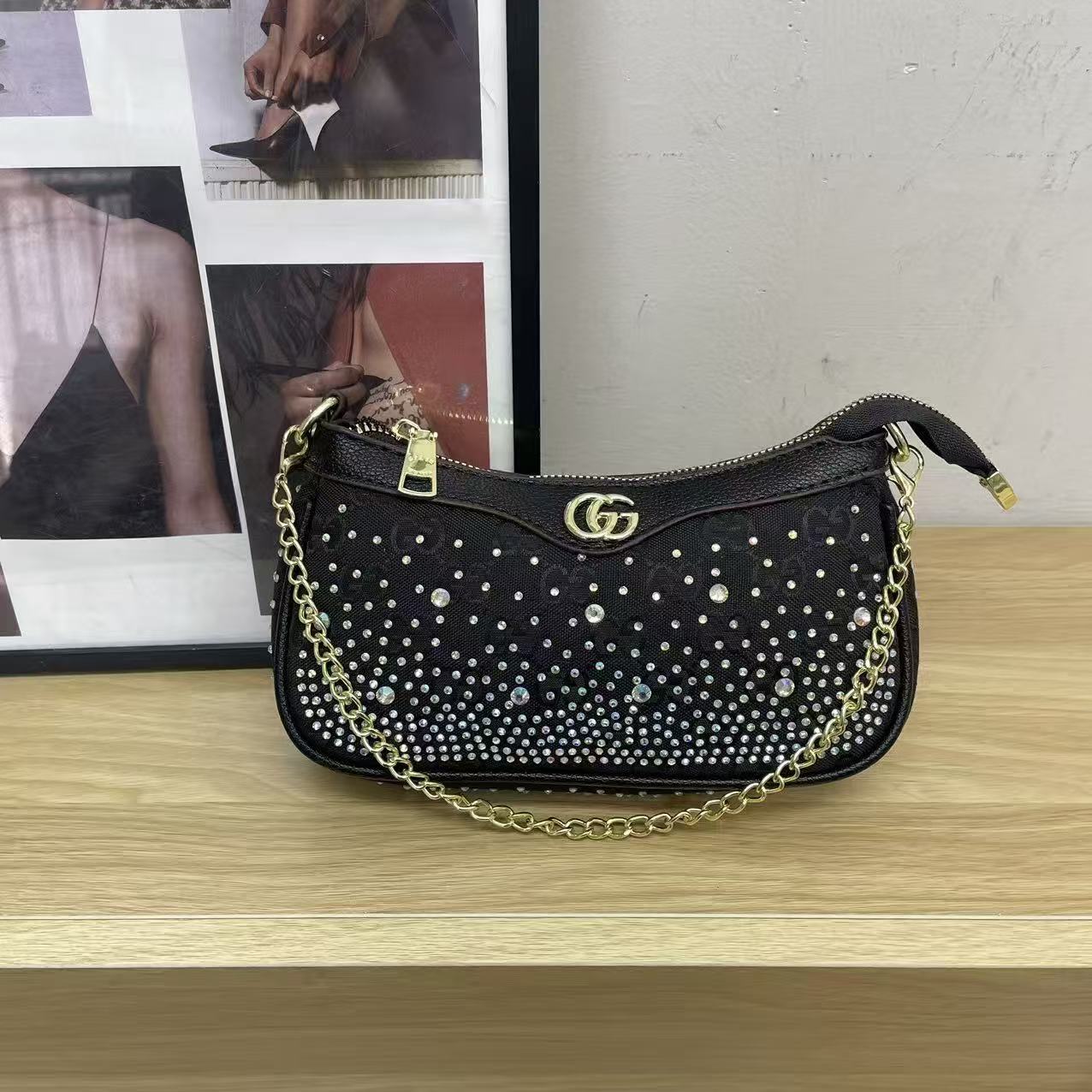 Versatile Rhinestone-Embellished Vintage-Print Underarm Bag 1026070301