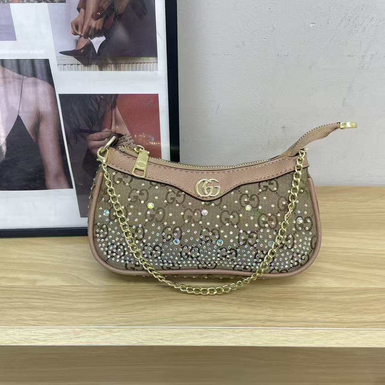 Versatile Rhinestone-Embellished Vintage-Print Underarm Bag 1026070301
