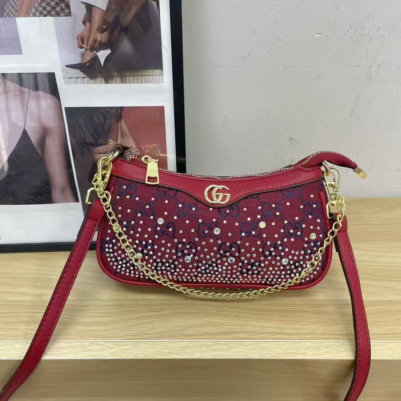 Versatile Rhinestone-Embellished Vintage-Print Underarm Bag 1026070301