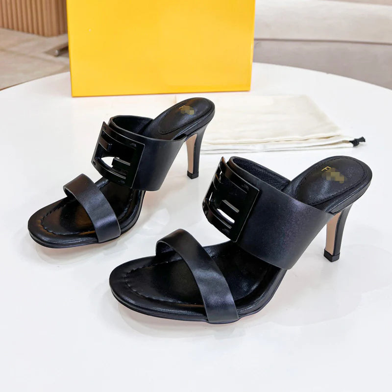 New Leather Metal Buckle High Heel Slippers 1025040209
