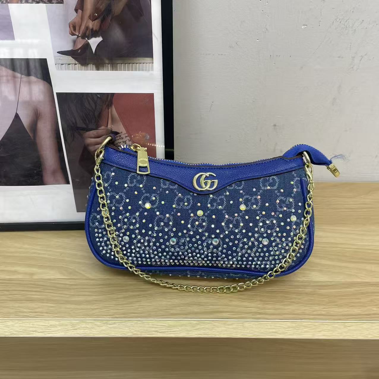 Versatile Rhinestone-Embellished Vintage-Print Underarm Bag 1026070301