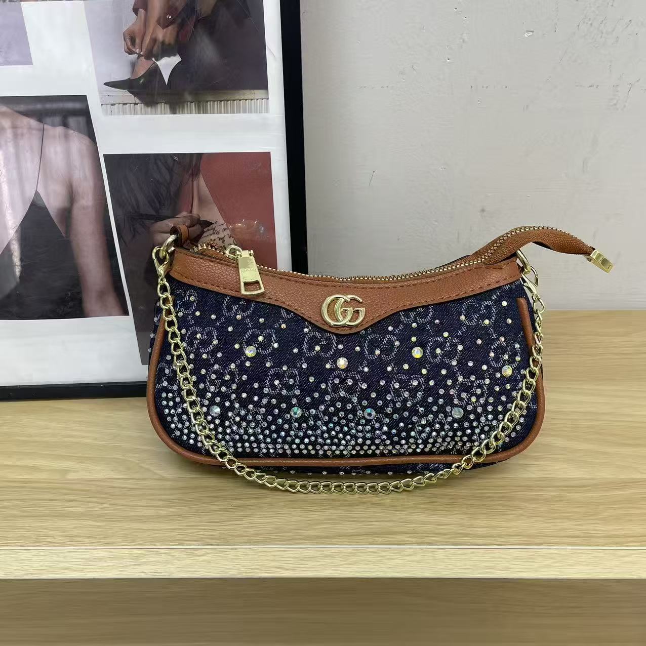 Versatile Rhinestone-Embellished Vintage-Print Underarm Bag 1026070301